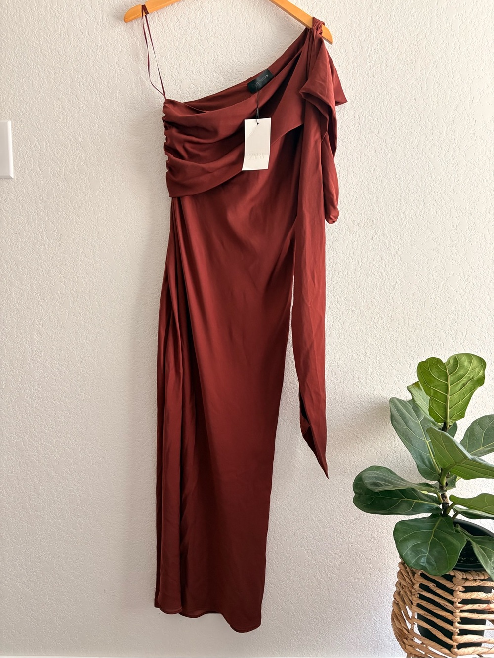 Zara One Shoulder Draped Scarf Midi Dress Terracotta Brown 5029/170 Medium NWT